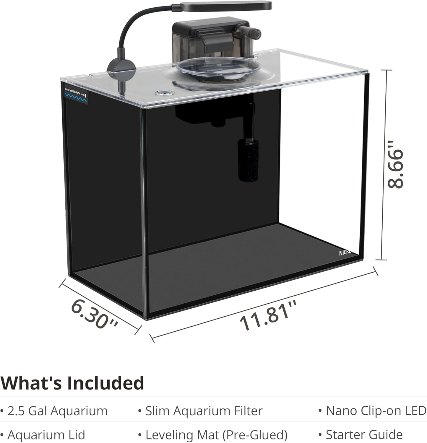 NICREW Nano Nature Aquarium Kit, 2.5 Gallon, Ultra-Clear Rimless Desktop Fish Tank with Filter, Light and Starter Guide