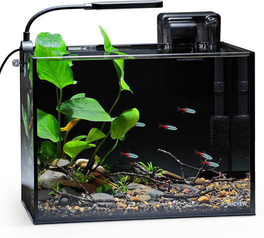 NICREW Nano Nature Aquarium Kit, 2.5 Gallon, Ultra-Clear Rimless Desktop Fish Tank with Filter, Light and Starter Guide